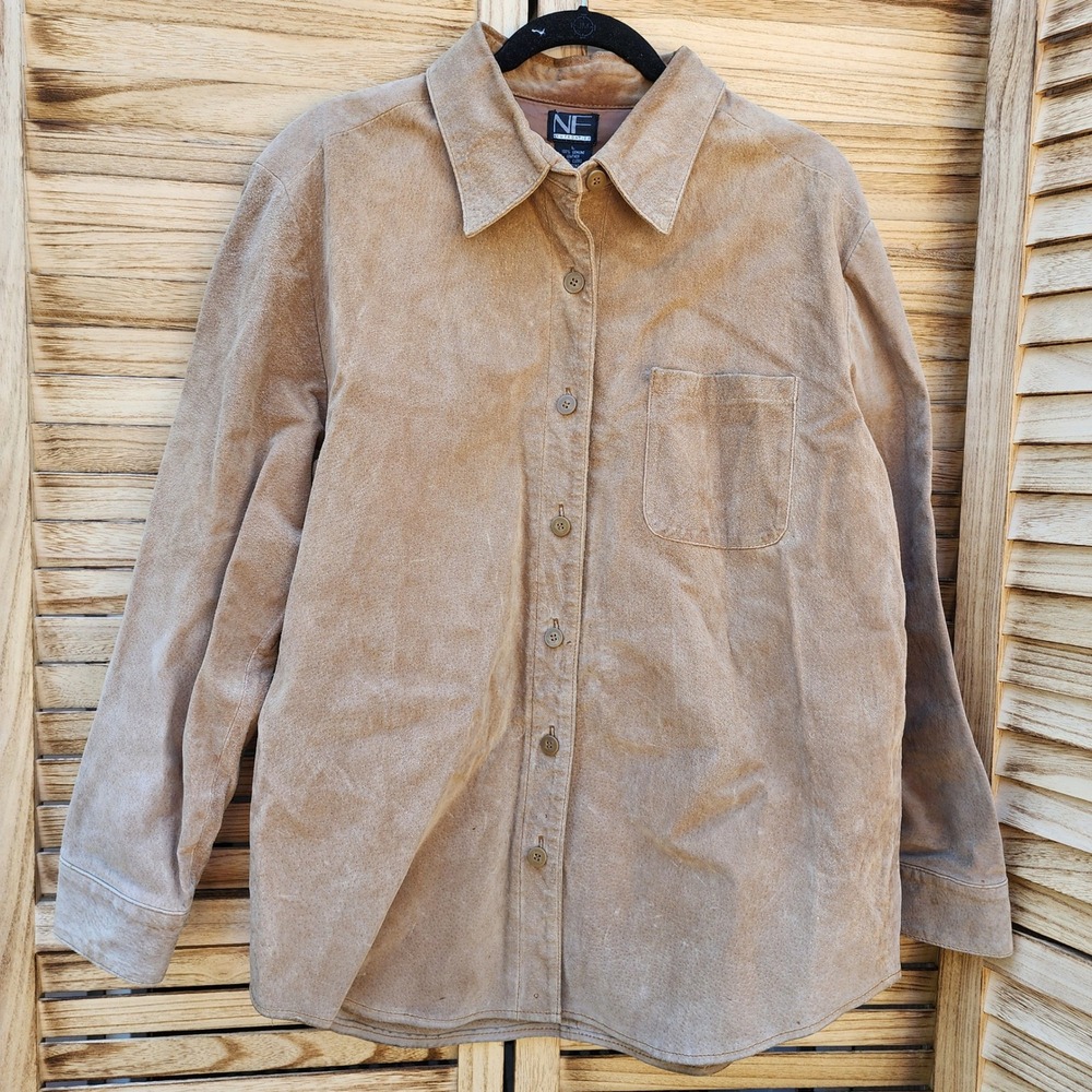 New Frontier Large Tan 100% Suede Leather Shirt Jacket Western Boho Minimalist